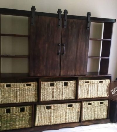 Mugavu barn door entertainment unit with papyrus storage baskets