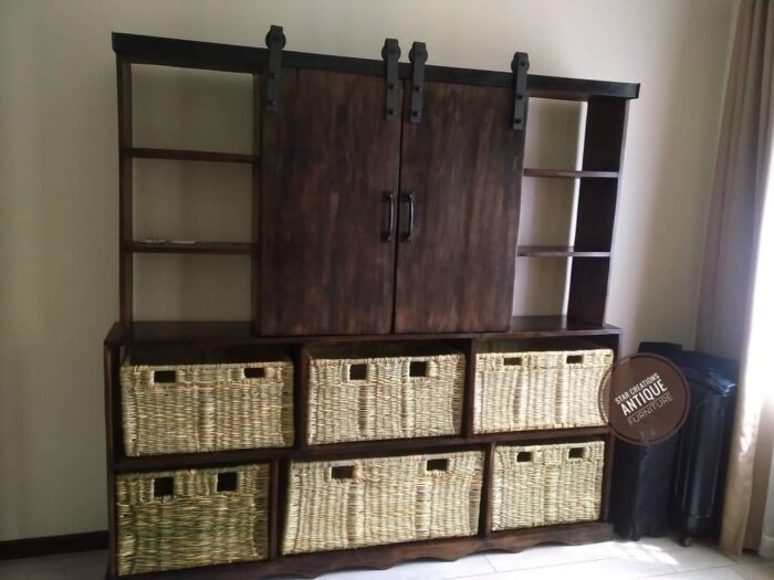 Mugavu barn door entertainment unit with papyrus storage baskets